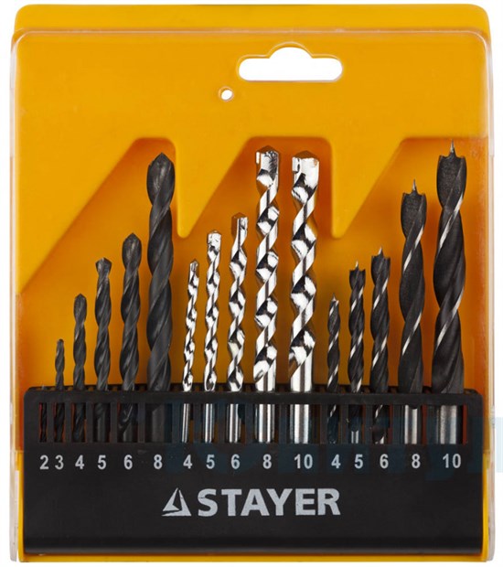 Набор STAYER "STANDARD": Сверла комбинированные, дерево (4-5-6-8-10мм), металл (2-3-4-6-8мм), бетон (4-5-6-8-10мм), 16 предметов - фото 8787